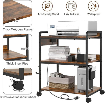 3 Tier Large Printer Stand with Wheels, 25.2 x 18.9 Inch Printer Stand with Power Outlet USB Port, Printer Table with Adjustable Storage Shelf for Home Office, Rustic Brown