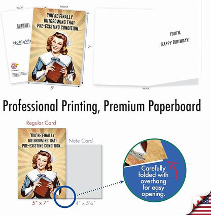 NobleWorks - 1 Funny Happy Birthday Greeting Card - Retro Woman Humor, Notecard Talk Bubbles - Pre-Existing Condition C9364BDG