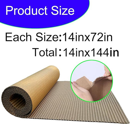 (14 x 144in）Brown Single Face Corrugated B Flute Cardboard Roll Shipping Corrugated Roll Paper Corrugated Wrap for Packing, Storage, Shipping, DIY(2rolls Each roll14x 72in)