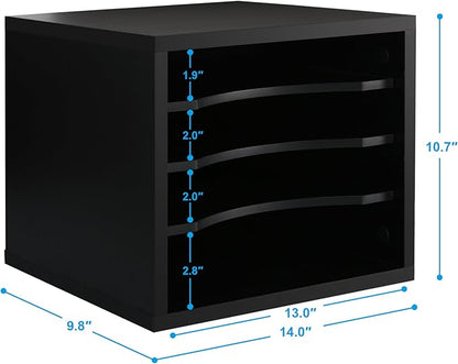 FITUEYES Wood Desk Paper Organizer with 4 Tiers Storage, Desktop File Holder, Document Letter Sorter Tray with Adjustable Shelves, Home Office Wooden Mail Rack, Black