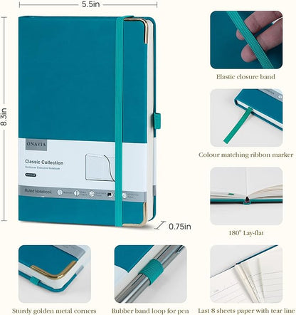 A5 Lined Journal Notebook - 100 GSM Thick Paper, Hardcover Journaling Notebook for Writing, Work, Travel, College Ruled Journal for Women Men, PU Leather Note Book, 5.5”x8.3”- Pacific Green