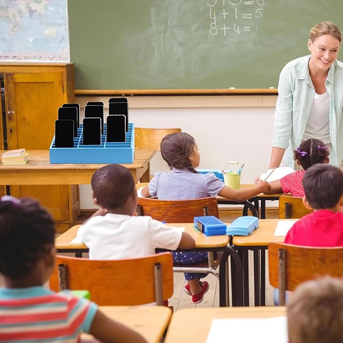 Wooden 30-Grid Cell Phones Storage Box Desktop Mobile Phone Holder Organizer for Office School Classroom (30-Grid Blue)