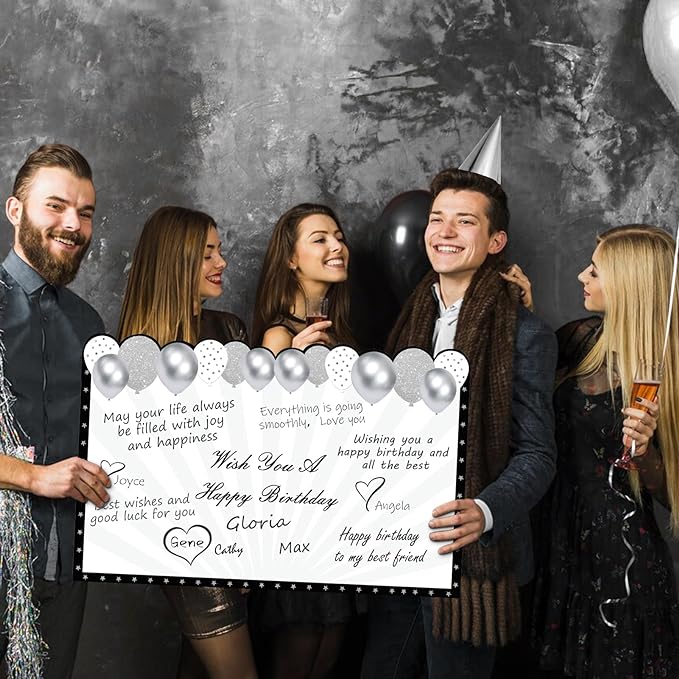 Jumbo Birthday Card with Envelope, Giant Guest Book Happy Birthday Greeting Cards, Large Birthday Card Gifts Party Supplies, Black White Silver Extra Big Birthday Card Decor