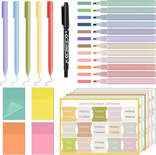 28 Pcs Bible Study Supplies,Bible Journaling Kit for Women, Morandi Bible Study Kit with Pastel Bible Highlighters and Tabs,Bible Pens,Sticky Notes,Bible Annotation Kit