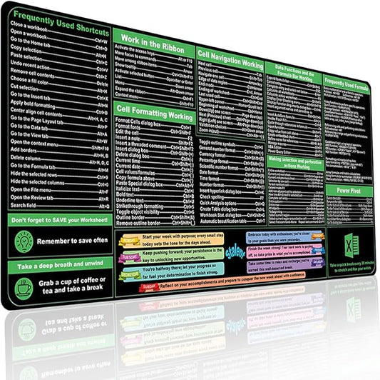Excel Shortcuts Mouse Pad - XXL Extended Office Desk Mat (35.4"x15.7") - Cheat Sheet Keyboard Mat, Stitched Edges, Non-Slip Base, Spill-Resistant Surface - Employee Appreciation Gifts