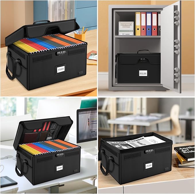 AMBOR Large File Box with Lock, Fireproof Document Box with 5 Tabs, Collapsible File Organizer with Handle for Home Office for Letter & Legal Folder/Certifications/Books Storage, Black