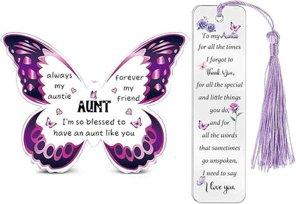 Auntie Gifts for Women Acrylic Plaque Bookmark Set Birthday Gifts for Aunty Personalised Butterfly Keepsake Bookmarker Mothers Day Christmas Gifts from Niece Nephew Always My Aunty Forever My Friend