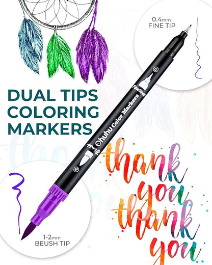 Ohuhu Markers for Adult Coloring Books No bleeding 36 Colors Coloring Markers Water-based Dual Tips Fineliner & Brush Drawing Pens Art Markers for Kids Adults Sketch Journal - Maui - Black