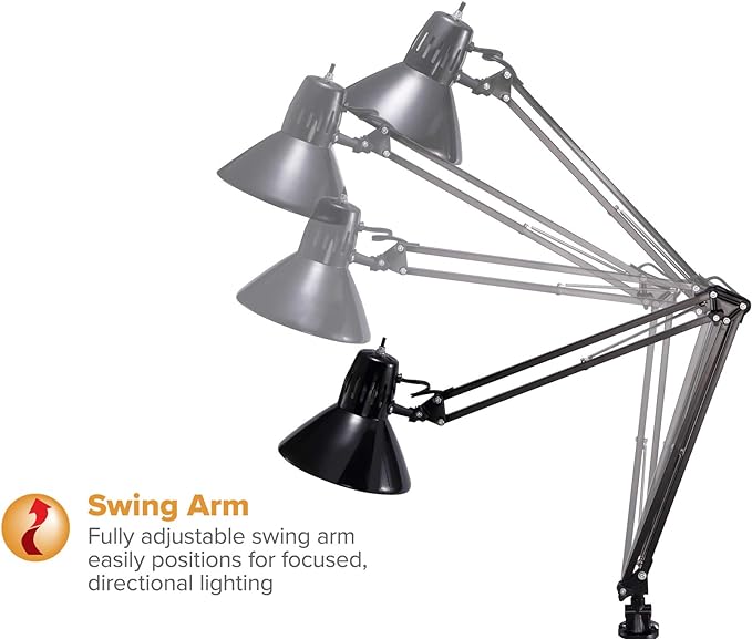 Bostitch Office VLF100 LED Swing Arm Desk Lamp with Clamp Mount, 36" Reach, Includes LED Bulb,Black