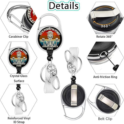 It's Fine I'm Fine Everything's Fine Funny Badge Reel Holder Retractable Heavy Duty with 360° Swivel Carabiner Belt Clip, Nurse Nursing Teacher Retractable Keychain ID Clip ID Holder Name Badge Clip
