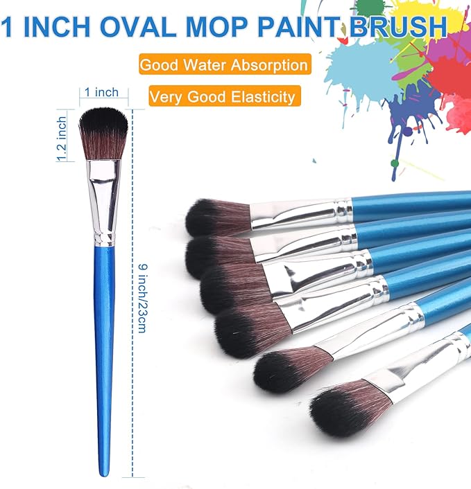 1 Inch Mop Brush for Acrylic Painting, 6 Pieces Oval Blending Brushes for Acrylic Painting with Short Wooden Handle for Acrylic, Gouache，Watercolor