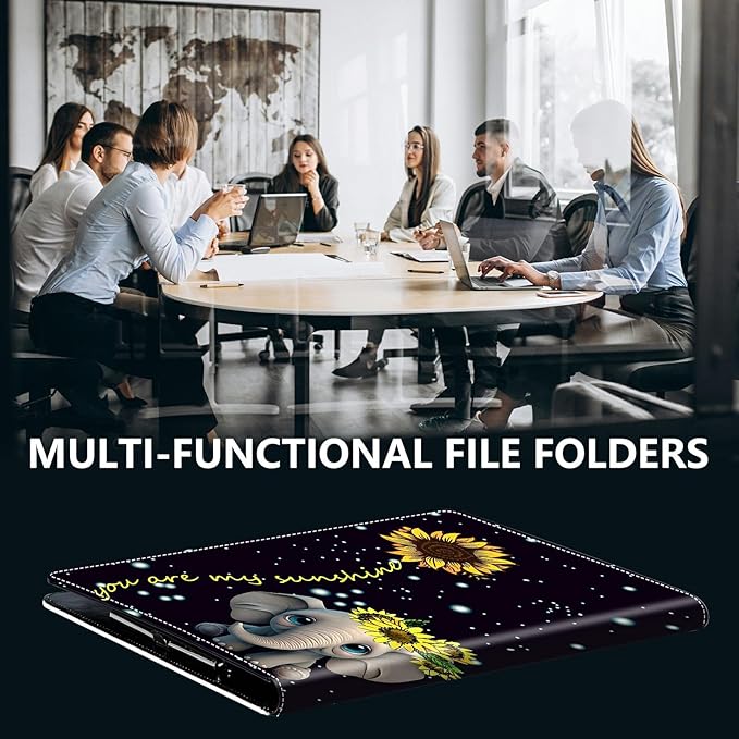 PU Leather Padfolio Folder Clipboard Portfolios Organizer Conference Document Organizer with Business Card Holder Storage Clipboard Writing Pad,Elephant Sunflower