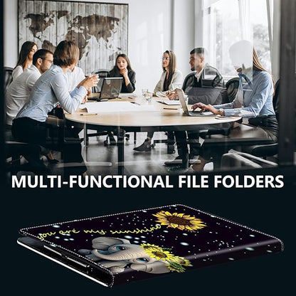 PU Leather Padfolio Folder Clipboard Portfolios Organizer Conference Document Organizer with Business Card Holder Storage Clipboard Writing Pad,Elephant Sunflower