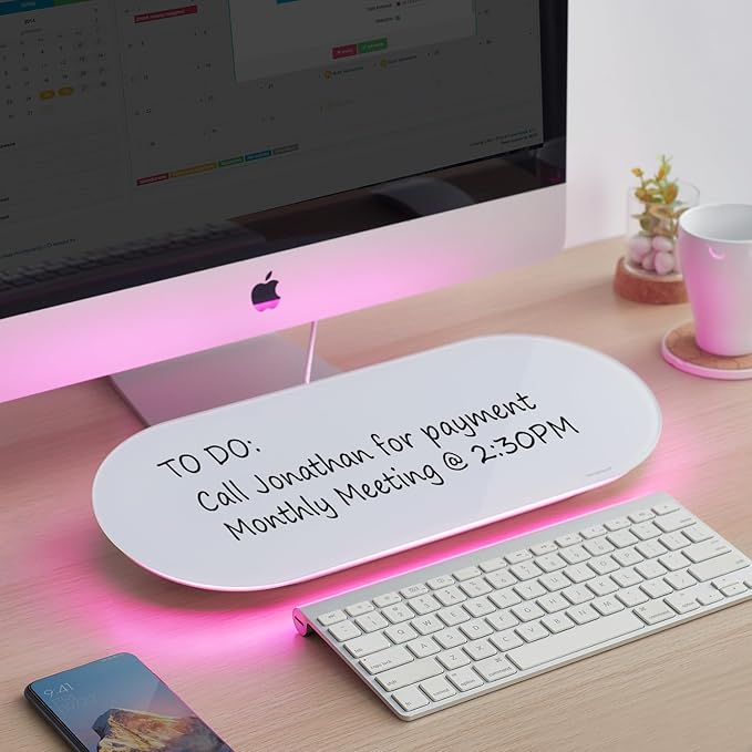TSJ OFFICE Glass Desktop Whiteboard - 17 X 7 Inches Small Dry Erase Board with Pink Light, Glass White Board Surface Notepad with 1 Drawer, Desk Organizers for Office, Home, School Supplies