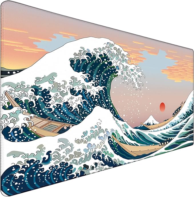 Japanese Large Mouse Pad,Desk Mat Large Office Desk Pad, Extended Large Mouse Mat for PC, Stitched Edges Gamer Mousepad 35.4 X 15.7 Inch Long Mice Pad, Sunset Sea