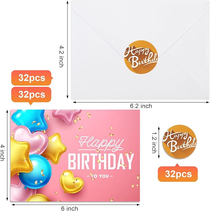 Joyberg 32 PCS Happy Birthday Cards Bulk with Envelopes, 4x6 Assorted Birthday Cards