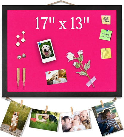 Pink Bulletin Boards Cork Board with Felt, 17"x13" Small Display Pin Board Vision Board for Walls, Jewelry, Notes, Collection, Photos, Office, Wood Framed(Black) & Felt(Pink), 1pc