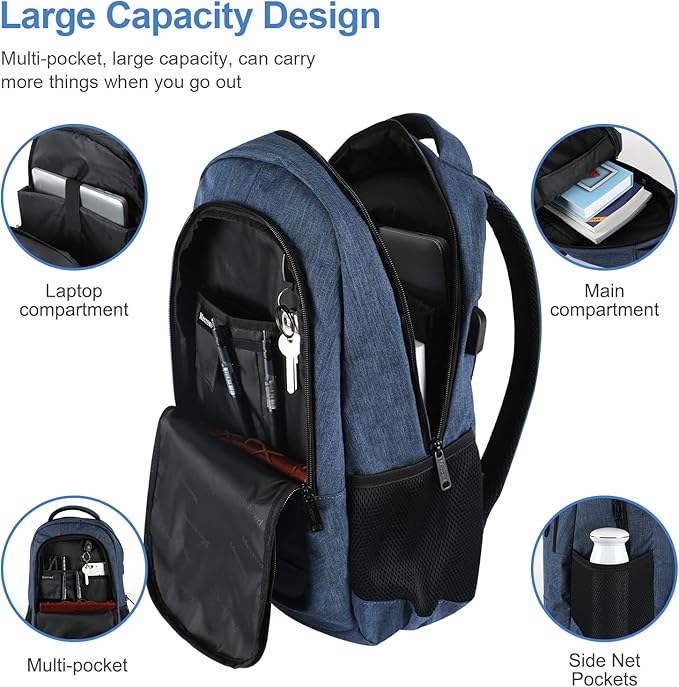 Laptop Backpack for Men, Anti Theft Backpack with USB Charging Port, 15.6 Inch Backpack for School Travel Work Business (Blue)