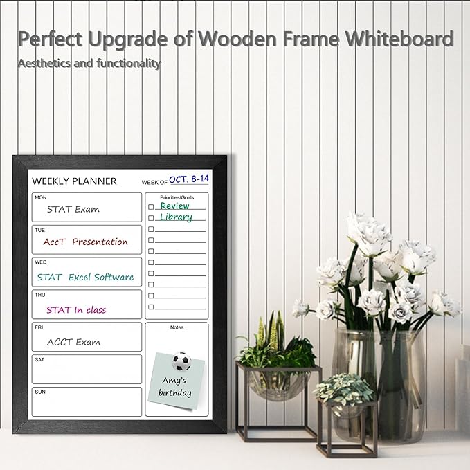 Dry Erase White Board Weekly Calendar Board, Magnetic Whiteboard for Wall,13“x17 Solid Wood Black Framed Message Board, Planner Board for Office, Home, School（Weekly-BB-BK-3343
