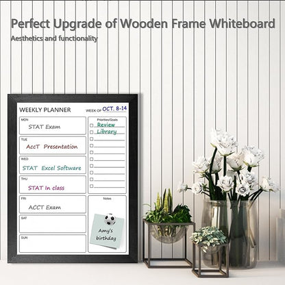 Dry Erase White Board Weekly Calendar Board, Magnetic Whiteboard for Wall,13“x17 Solid Wood Black Framed Message Board, Planner Board for Office, Home, School（Weekly-BB-BK-3343