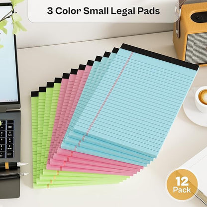 Legal Pads 5x8 12 Pack Note Pads College Ruled Notepad Pink/Green/Blue Perforated Small Legal Pads 80GSM Notepads 30 Sheets Writing Pads Line Paper Pad for School, College, Office, Business