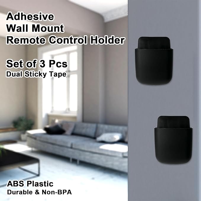 3 Pcs Remote Control Holder, Wall Mount Pen Holder Hole-Free Self Adhesive Phone Charging Organizer Pencil Storage Containers for Home Office School Supply Orgaizer (Black