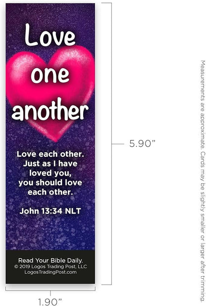 Love One Another, John 13:34, Bulk Pack of 25 Christian Bookmarks for Kids, Childrens Bible Verse Book Markers, Sunday School Prizes with Memory Verses, Scripture Gifts for Kids & Youth