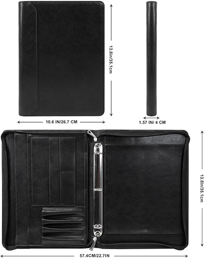 AZXCG Padfolio for Men, 3 Ring Binder Portfolio Folder Vegans Leather, Personalized Padfolio with A4 Notepad Holder, Business Legal Pad Document Organizer, Handmade Zipper Binder Padfolio, Black