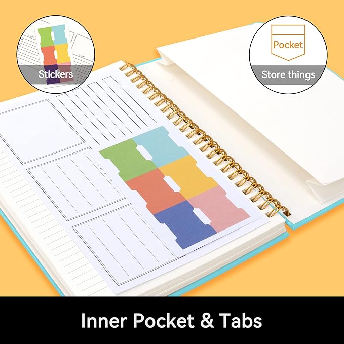 Alltree Lined Journal Notebook, Spiral Notebook for Work, Hardcover Spiral Notebook with Tabs, Pen Loop, Pocket, Stickers, 160 Pages, Journal for Women & Men, Sky Blue(6"x8.5")