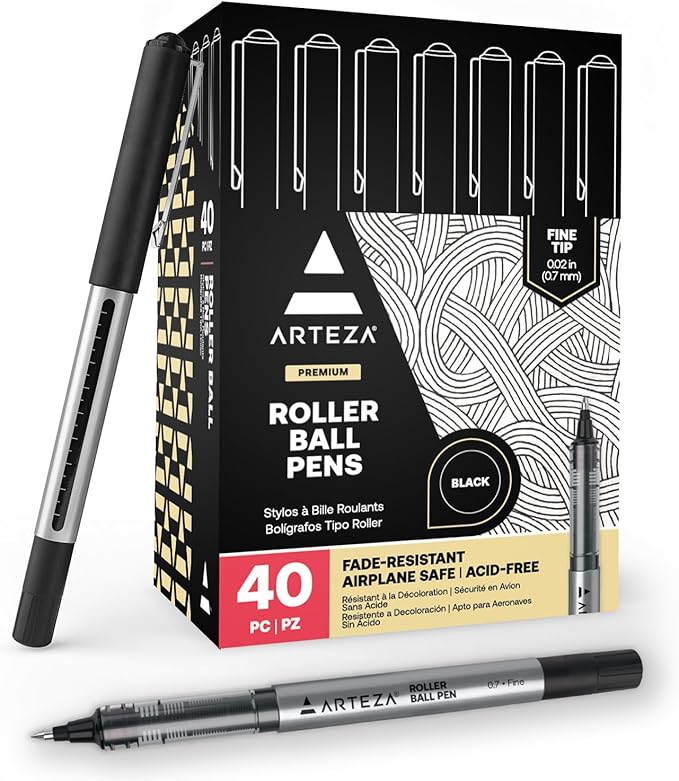 ARTEZA Rollerball Pens, Pack of 40, 0.7mm Black Liquid Ink Pens for Bullet Journaling, Fine Point Rollerball