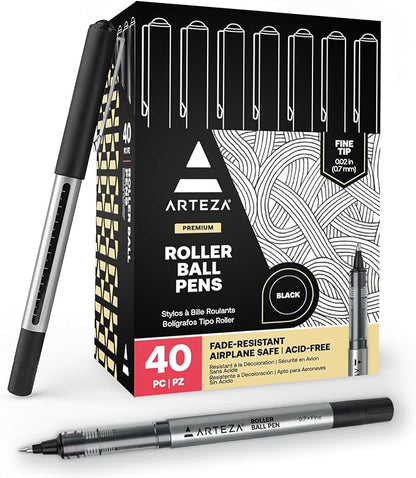 ARTEZA Rollerball Pens, Pack of 40, 0.7mm Black Liquid Ink Pens for Bullet Journaling, Fine Point Rollerball