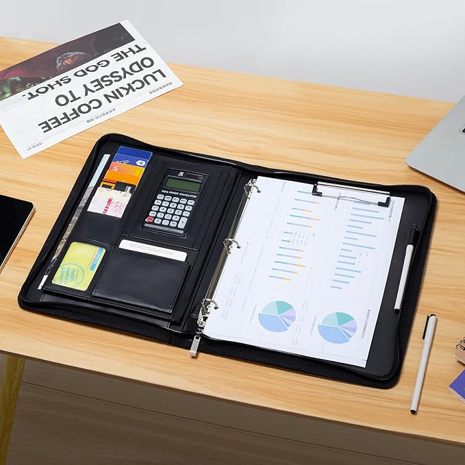 Portfolio Binder - 3 Ring Padfolio with Zipper, PU Business Portfolio Card Holder Tablet Sleeve A4 Writing Pad Clipboard, Meeting Document Organizer for Men Women