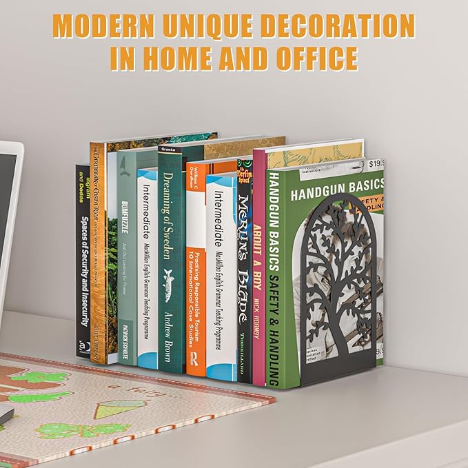 VFINE Decorative Bookends 3 Pairs, Tree Metal Bookends, Unique Black Book Ends to Hold Books, Book Holder for Heavy Books, Home Decorative Book Stoppers for Shelves (6 Pieces)