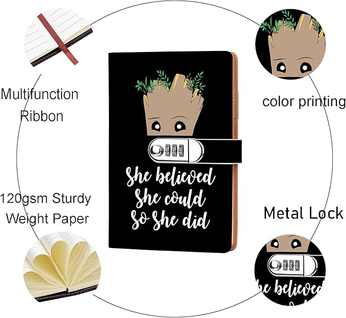 Funny Groot Gifts Leather Combination Lock Notebook Always Remember You’re Braver Than You Believe Leather Locked Journal Notebook Birthday Gifts for Daughter Son (she believed)