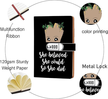 Funny Groot Gifts Leather Combination Lock Notebook Always Remember You’re Braver Than You Believe Leather Locked Journal Notebook Birthday Gifts for Daughter Son (she believed)