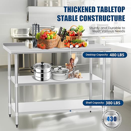 Stainless Steel Table 24 x 48 Inches Metal Prep Table with 2 Adjustable Undershelves & Backsplash, Work Table for Commercial Kitchen, Restaurant, Outdoor & Garage
