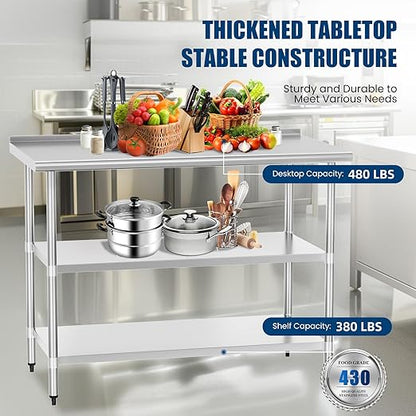 Stainless Steel Table 24 x 48 Inches Metal Prep Table with 2 Adjustable Undershelves & Backsplash, Work Table for Commercial Kitchen, Restaurant, Outdoor & Garage
