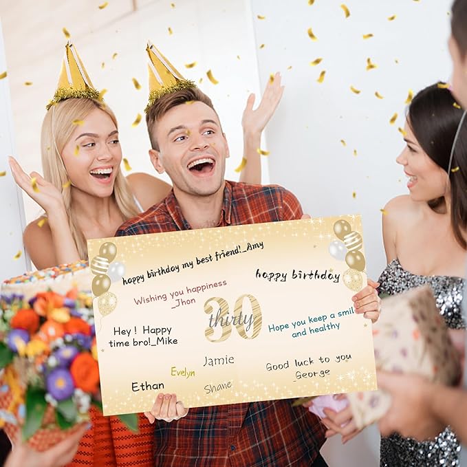 Large 30th Birthday Gift Card With Envelope for Men Women, 1995 Black Gold Happy 30th Birthday Giant Guest Signature Book Gifts, Big Vintage Thirty Greeting Card Decoration Party Supply