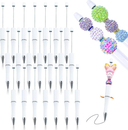 15 Pieces Beadable Pens - Beaded Pens Plastic Diy Black Ink Ballpoint Pens Bulk - Bead Pens Suitable For Teacher, Students, Office, School, Graduation Gift Supplies（White）