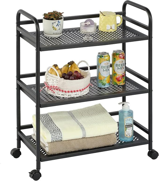 GYCZYCX 3-Tier Mesh Metal Rolling Cart,Multipurpose Heavy Duty Cart,Multipurpose Storage Rack,Utility Cart,High Capacity Cart with Locking Wheels (Black)
