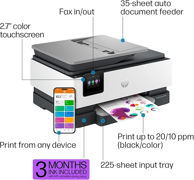 HP OfficeJet Pro 8135e Wireless All-in-One Color Inkjet Printer, Print, Scan, Copy, Fax, ADF, Duplex Printing, Best-for-Home Office, 3 Months of Instant Ink Included (40Q35A)