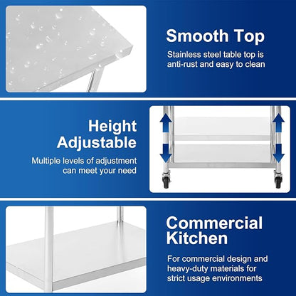 Stainless Steel Table for Prep & Work 48 x 24 Inches with Caster Wheels,Commercial Heavy Duty Metal Table with Undershelf for Home,Restaurant and Hotel Kitchen (48" x 24")