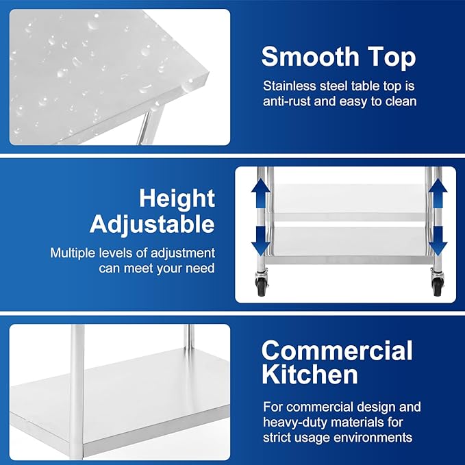 Stainless Steel Table for Prep & Work 36 x 24 Inches with Caster Wheels,Commercial Heavy Duty Metal Table with Undershelf for Home,Restaurant and Hotel Kitchen (36" x 24")