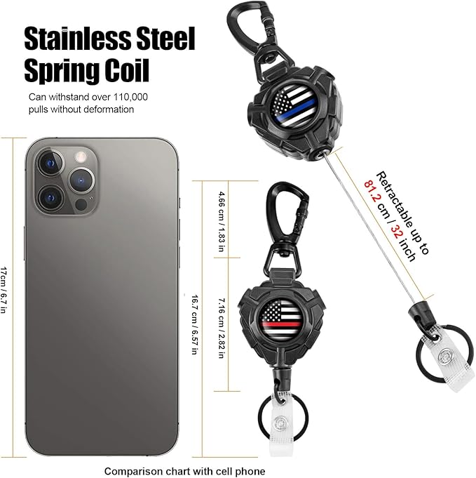 bolimoss Retractable Keychain with Belt Clip 2 Pack, Heavy Duty 360° Swivel Carabiner Key Chains, Tactical ID Badge Reels with 32” Wire Rope and Key Ring, Up to 10 oz (USA Flag)