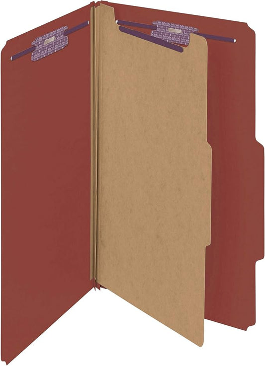 Smead Pressboard Classification File Folder with SafeSHIELD Fasteners, 1 Divider, 2" Expansion, Legal Size, Red, 10 per Box (18775)