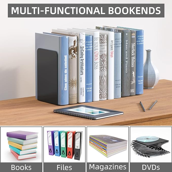 VFINE Bookends 1 Pair, Black Metal Book Ends, Bookends for Shelves, Book Stopper for Heavy Books, Book Dividers for Home Office School Supplies