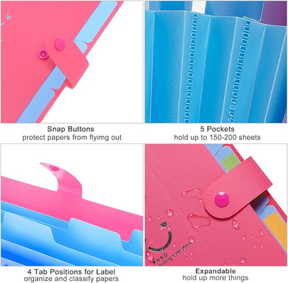 Forvencer Accordion File Organizer, Letter Size, 5 Pocket Expanding File Folder, Cute File Folder with Labels, Portable File Organizer for School Office Supplies, Folders for Documents, Fuchsia