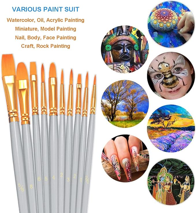 BOSOBO Paint Brushes Set, 2 Pack 20 Pcs Round Pointed Tip Paintbrushes Nylon Hair Artist Acrylic Paint Brushes for Acrylic Oil Watercolor, Face Nail Art, Miniature Detailing & Rock Painting, Silver