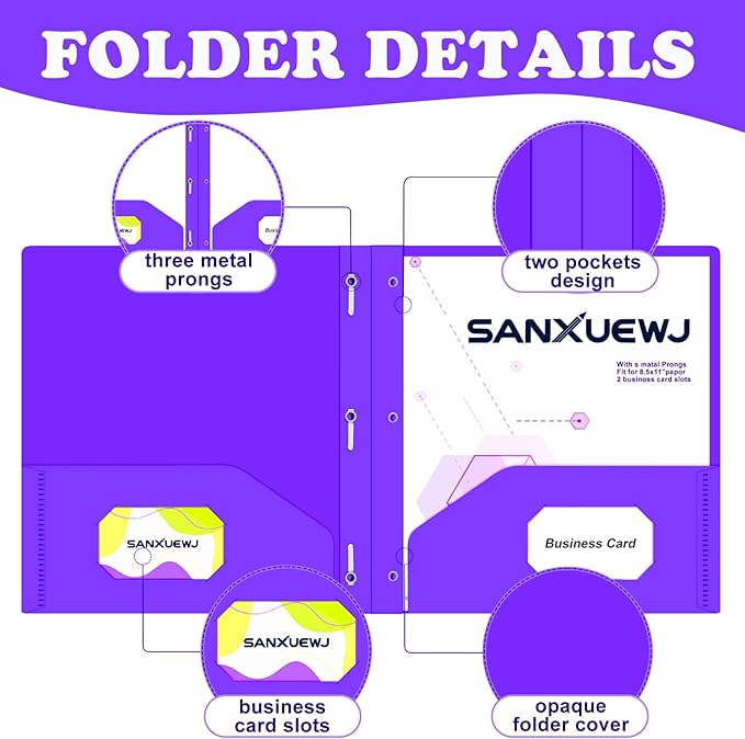 30 Pack Two Pocket Folders Business Card Holder Plastic Folders with Prongs for School Office Filing Cabinet Resume Portfolio (Purple)