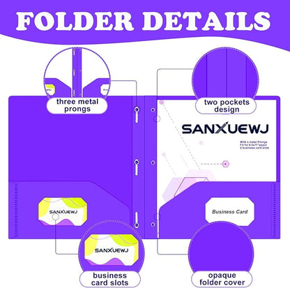 30 Pack Two Pocket Folders Business Card Holder Plastic Folders with Prongs for School Office Filing Cabinet Resume Portfolio (Purple)